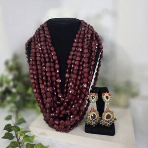 Burgundy Multi Strand Faceted Acrylic Bead Necklace and Earrings Set